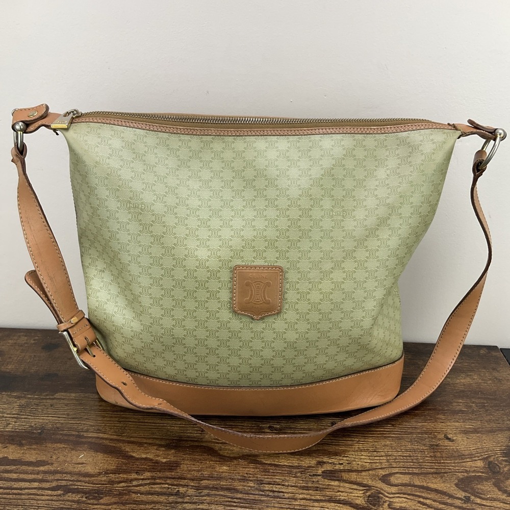Vintage Celine Macadam Tote Bag Olive Canvas Shoulder Bag Damaged